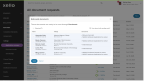 All document requests page in Xello with the Bulk send documents modal open. There are 7 documents ready to send through Parchment.